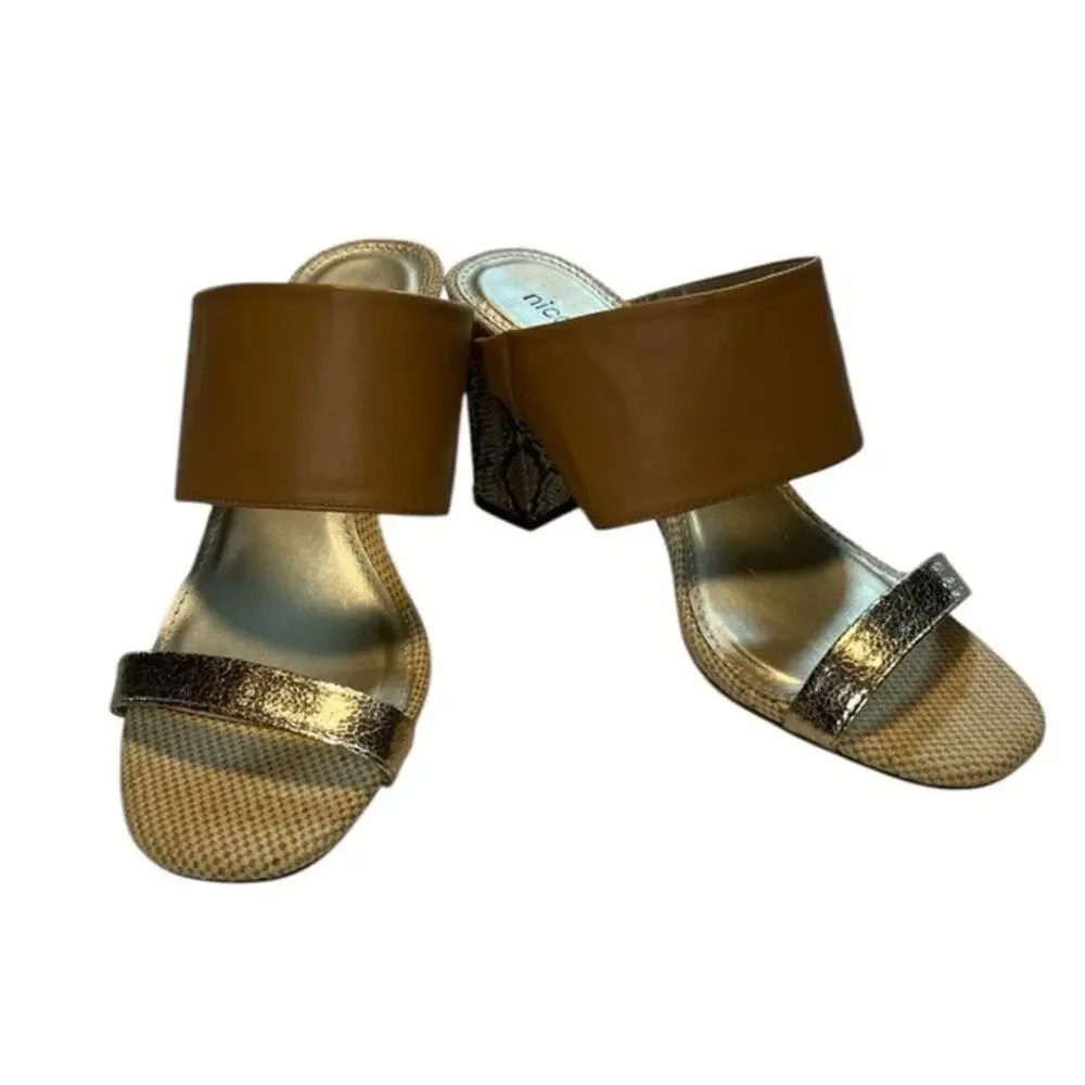 Nicole Briar snakeskin block heel sandal, Brown & Metallic Gold, 10m NWOB - Picture 2 of 13